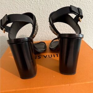 Louis Vuitton Black Heeled Sandals with Gold Studs